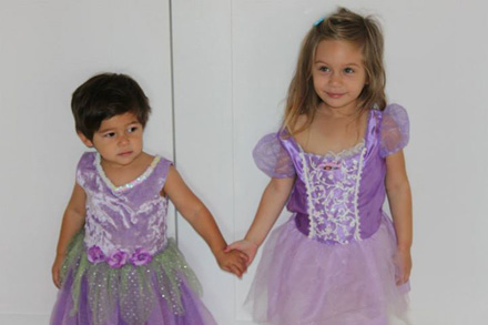 Asher and Sydney - purple dresses