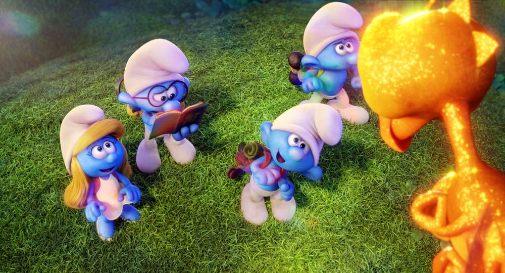 Smurfette (Demi Lovato), Brainy (Danny Pudi) Clumsy (Jack McBrayer) and Hefty (Joe Manganiello) meet a dragonfly in Columbia Pictures and Sony Pictures Animation's SMURFS: THE LOST VILLAGE.